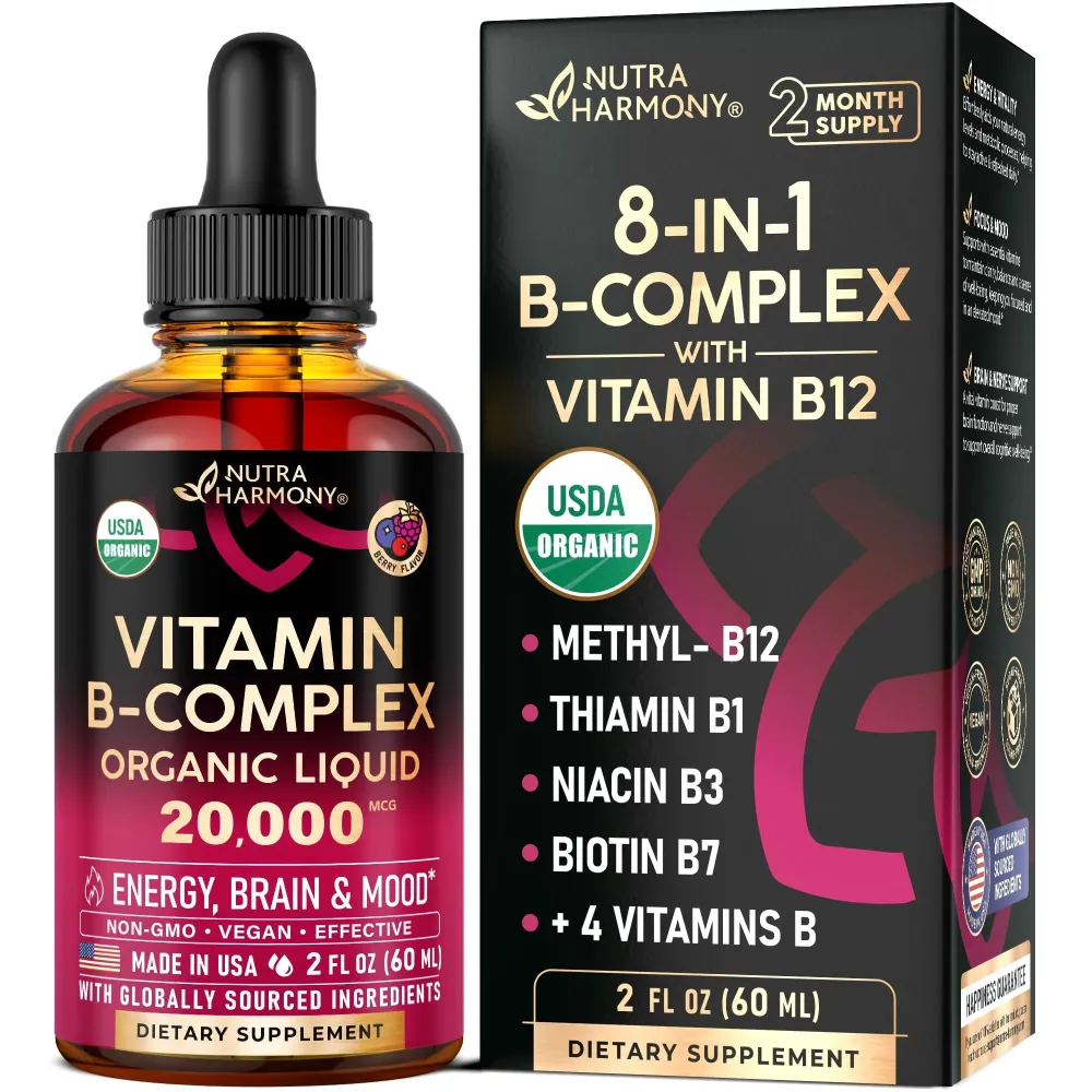 USDA Organic Vitamin B-Complex B5 Pantothenic Acid | B12 Methylcobalamin | B1 Thiamine | B6 Pyridoxine | B7 Biotin | B9 Folic | B3 Niacinamide - B Complex Liquid Drops, Made in USA Supplement, 2fl oz USDA Organic Vitamin B-Complex B5 Pantothenic Acid | B12 Methylcobalamin | B1 Thiamine | B6 Pyridoxine | B7 Biotin | B9 Folic | B3 Niacinamide - B Complex Liquid Drops, Made in USA Supplement, 2fl oz