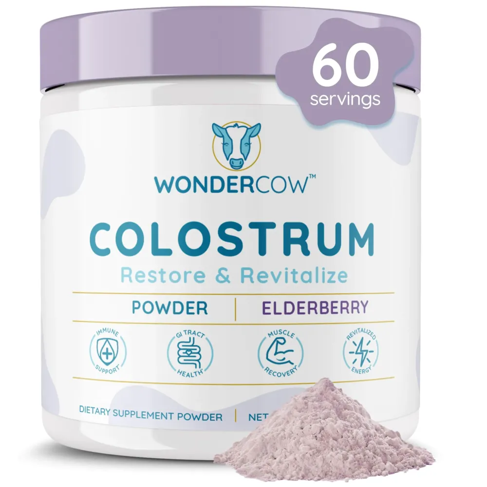 WONDERCOW Colostrum Supplement Powder for Gut Health, Immune Support, Muscle Recovery & Wellness | Natural IgG Pure Whole Bovine Colostrum Superfood, Elderberry, 60 Servings WONDERCOW Colostrum Supplement Powder for Gut Health, Immune Support, Muscle Recovery & Wellness | Natural IgG Pure Whole Bovine Colostrum Superfood, Elderberry, 60 Servings