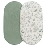 Muslin Bassinet Fitted Sheets, 2 Pack for Baby Boy and Girl, Soft Breathable Stretchy Baby Pad/Mattress Sheet Set, Universal Fit for Hourglass Oval and Rectangle Bassinet Mattress (Natural Leaves)