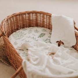 Muslin Bassinet Fitted Sheets, 2 Pack for Baby Boy and Girl, Soft Breathable Stretchy Baby Pad/Mattress Sheet Set, Universal Fit for Hourglass Oval and Rectangle Bassinet Mattress (Natural Leaves)