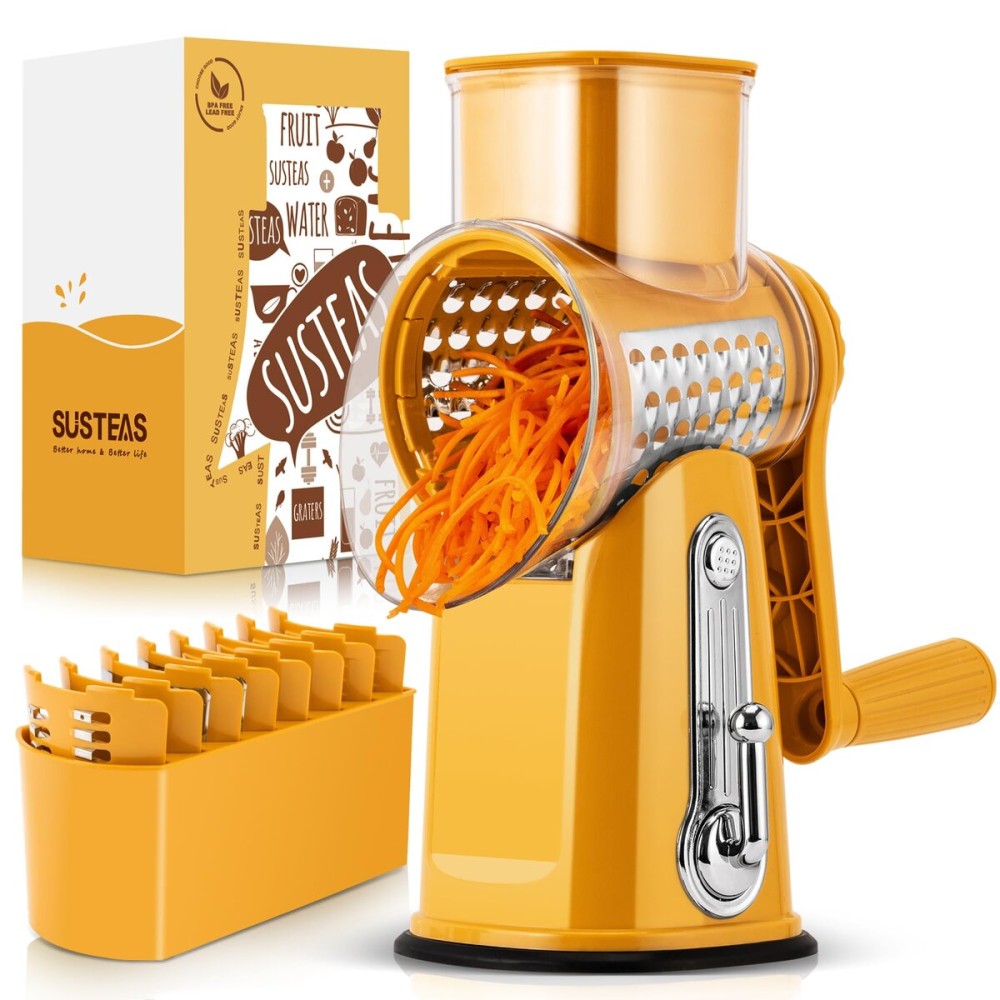 SUSTEAS Rotary Cheese Grater with Handle - Vegetable Shredder with 5 Well-designed Blades & Strong Suction Base,Round Mandoline Slicer & Food Chopper for Kitchen,with Blade Storage Box(Yellow) SUSTEAS Rotary Cheese Grater with Handle - Vegetable Shredder with 5 Well-designed Blades & Strong Suction Base,Round Mandoline Slicer & Food Chopper for Kitchen,with Blade Storage Box(Yellow)