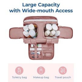 BAGSMART Travel Toiletry Bag, Lightweight Large Wide-open Travel Bag for Women, Puffy Cosmetic Makeup Bag Organizer with Handle for Accessories,Essentials, Toiletries, Dark Pink