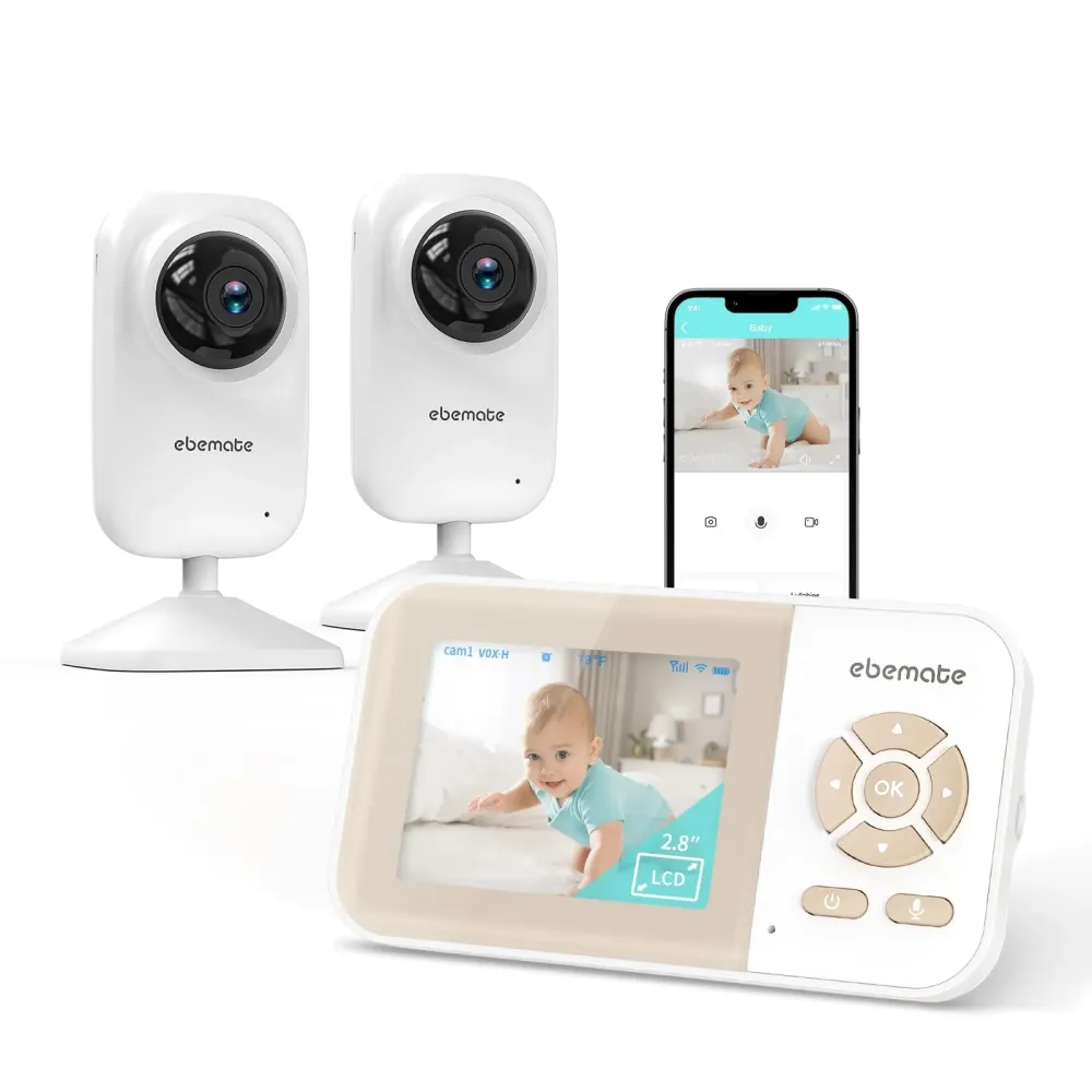 ebemate Video Baby Monitor Camera with 2 Camera,2.8 LCD Screen Video & Audio No Glow Night Vision,2-Way Talk Audio Cam Baby Monitoring 1200FT Range EBE28-2