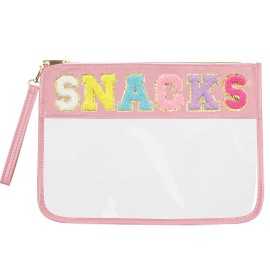 Siwara Snack Bags Clear Pouch for Travel Bag Nylon Clear Cosmetic Bag Makeup Waterproof Bag Portable Glitter Snacks Makeup Beach Pouch Toiletry Bag for Women Girls (Pink-Snacks)