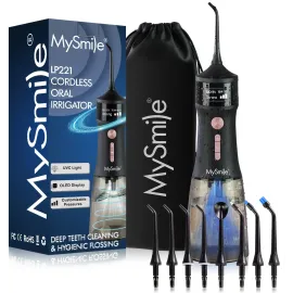 MySmile LP221 UVC Sterilizable Cordless Water Flossers for Teeth 335ML Portable OLED Display Dental Flosser with 4 Modes 8 Jet Tips and a Storage Pouch for Home and Travel (Midnight Black)