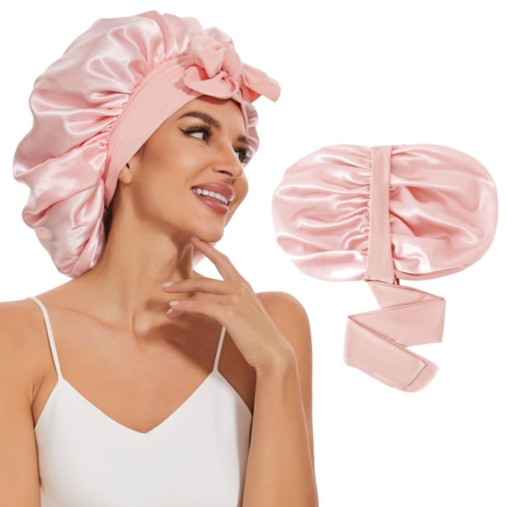 Large Silk Bonnet for Sleeping, Satin Hair Bonnet for Sleeping with Tie Band, Double Layer Satin Bonnets for Women Natural Curly Hair Large Silk Bonnet for Sleeping, Satin Hair Bonnet for Sleeping with Tie Band, Double Layer Satin Bonnets for Women Natural Curly Hair