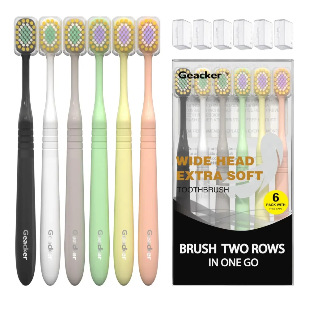 Geacker Extra Soft Toothbrush with Wide Head for Adults Sensitive Teeth and Gums, Ultra Soft Bristle Nano Travel Toothbrushes with 6 Toothbrush Cover, Multi-Color, 6 Count Geacker Extra Soft Toothbrush with Wide Head for Adults Sensitive Teeth and Gums, Ultra Soft Bristle Nano Travel Toothbrushes with 6 Toothbrush Cover, Multi-Color, 6 Count