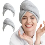 AGLIFEFY 2 Pack Microfiber Hair Towel Wrap for Women Super Absorbent Quick Dry Hair Turban for Drying Curly, Long & Thick Hair 10 inch X 26 inch Lightgrey+Lightgrey