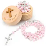 Loetere Baptism Gifts Rosary Catholic My First Rosary and Keepsake Box for Baby Shower Holy First Communion Christian Beads Gifting Set(Pink)