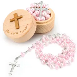 Loetere Baptism Gifts Rosary Catholic My First Rosary and Keepsake Box for Baby Shower Holy First Communion Christian Beads Gifting Set(Pink)
