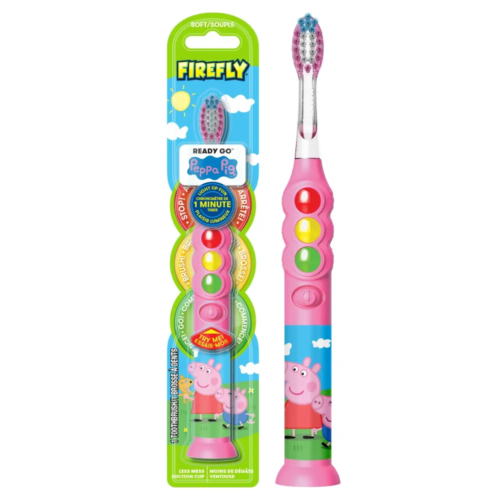 Firefly Ready Go Brush, Peppa Pig, Light Up Timer Toothbrush, Premium Soft Bristles, 1 Minute Timer, Less Mess Suction Cup, Battery Included, Easy Storage, for Ages 3+, 1 Count Firefly Ready Go Brush, Peppa Pig, Light Up Timer Toothbrush, Premium Soft Bristles, 1 Minute Timer, Less Mess Suction Cup, Battery Included, Easy Storage, for Ages 3+, 1 Count
