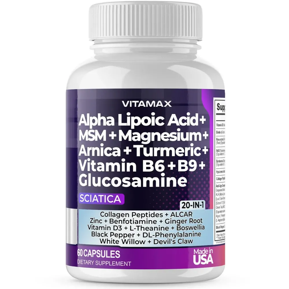 Sciatic Nerve Health Support - Sciatic Nerve Supplement Capsules with Folic Acid, Pea, Glucosamine, MSM, Vitamin B Complex, Alpha Lipoic Acid 300mg - 60ct - Made in USA Sciatic Nerve Health Support - Sciatic Nerve Supplement Capsules with Folic Acid, Pea, Glucosamine, MSM, Vitamin B Complex, Alpha Lipoic Acid 300mg - 60ct - Made in USA