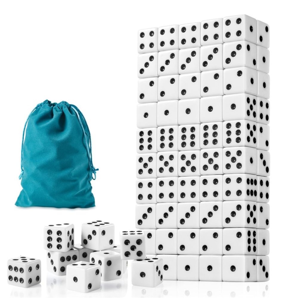 100 Pieces White Dice Set, 16MM Standard Game Dices, Opaque Six-Sided Dice with Pouch, Black Dot Bulk White Dice for Group Event, Board Games, Classroom Math 100 Pieces White Dice Set, 16MM Standard Game Dices, Opaque Six-Sided Dice with Pouch, Black Dot Bulk White Dice for Group Event, Board Games, Classroom Math