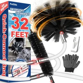 PetOde 32 Feet Dryer Vent Cleaner Kit, Enhanced Flexible Quick Snap Brush with Drill Attachment for Effective Cleaning, 360 Degree Rotation Without Loosening, Use with or Without a Power Drill