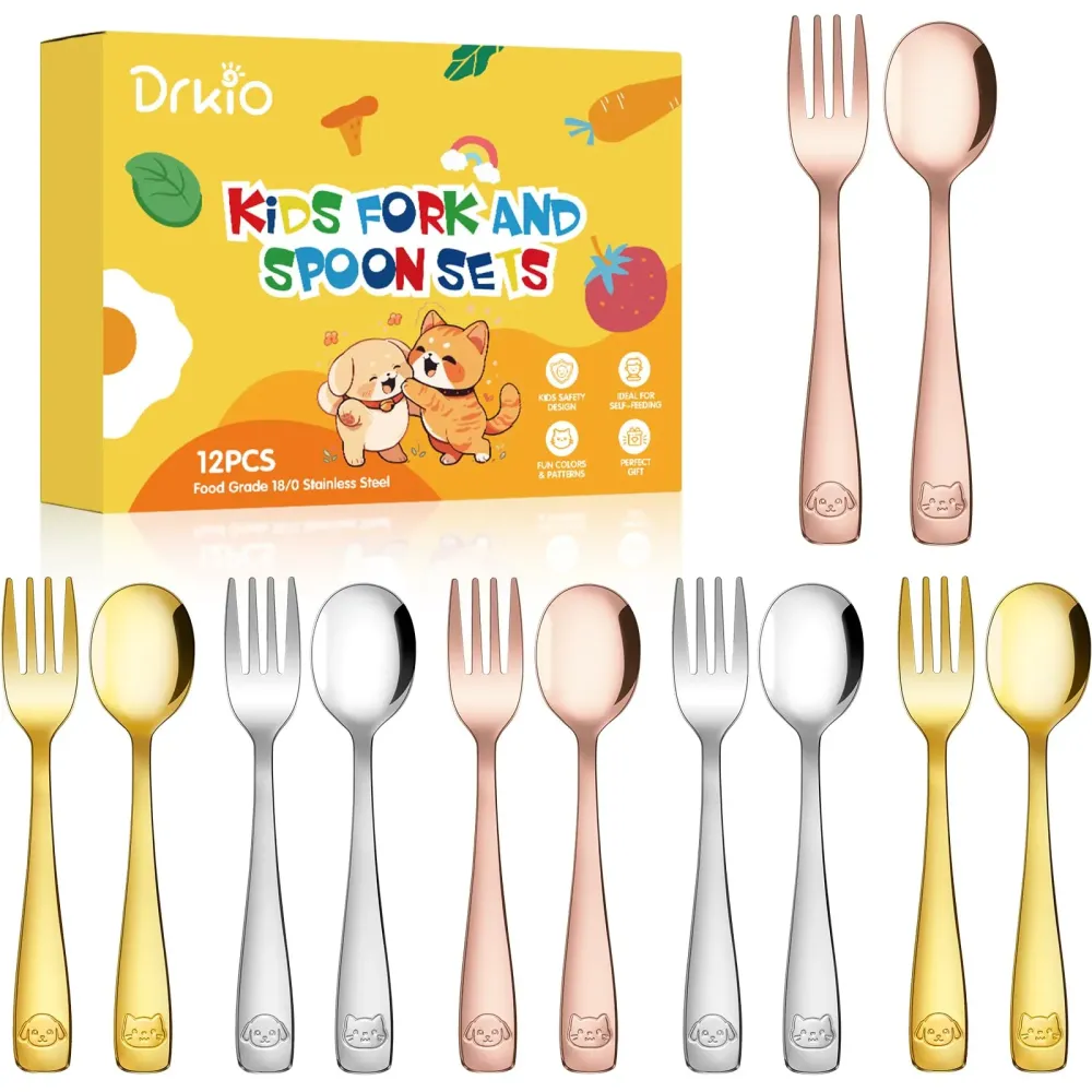 DRKIO Stainless Steel Toddler Utensils Set - 12 Pieces Kids Silverware Set Children Safe Food Grade Small Forks and Spoons Dishwasher Safe Mirror Polished