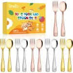 DRKIO Stainless Steel Toddler Utensils Set - 12 Pieces Kids Silverware Set Children Safe Food Grade Small Forks and Spoons Dishwasher Safe Mirror Polished