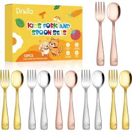 DRKIO Stainless Steel Toddler Utensils Set - 12 Pieces Kids Silverware Set Children Safe Food Grade Small Forks and Spoons Dishwasher Safe Mirror Polished