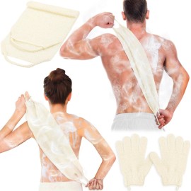 Anezus Exfoliating Back Scrubber Bath Gloves Set, Exfoliating Shower Towel with Shower Gloves for Body Scrub, Back Cleaner Wash Gloves to Remove Dead Skin (Beige)