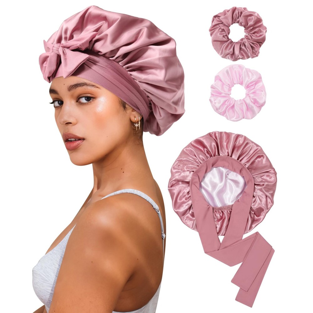 Reversible Satin Bonnet for Sleeping Women - Double Layer Hair Wrap with 2PCS Scrunchies & Elastic Tie Band - Night Cap for Natural Curly Hair (Bean Paste + Pink) Reversible Satin Bonnet for Sleeping Women - Double Layer Hair Wrap with 2PCS Scrunchies & Elastic Tie Band - Night Cap for Natural Curly Hair (Bean Paste + Pink)