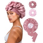 Reversible Satin Bonnet for Sleeping Women - Double Layer Hair Wrap with 2PCS Scrunchies & Elastic Tie Band - Night Cap for Natural Curly Hair (Bean Paste + Pink)