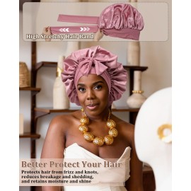 Reversible Satin Bonnet for Sleeping Women - Double Layer Hair Wrap with 2PCS Scrunchies & Elastic Tie Band - Night Cap for Natural Curly Hair (Bean Paste + Pink) Reversible Satin Bonnet for Sleeping Women - Double Layer Hair Wrap with 2PCS Scrunchies & Elastic Tie Band - Night Cap for Natural Curly Hair (Bean Paste + Pink)
