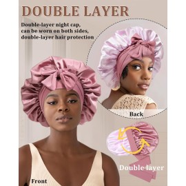 Reversible Satin Bonnet for Sleeping Women - Double Layer Hair Wrap with 2PCS Scrunchies & Elastic Tie Band - Night Cap for Natural Curly Hair (Bean Paste + Pink) Reversible Satin Bonnet for Sleeping Women - Double Layer Hair Wrap with 2PCS Scrunchies & Elastic Tie Band - Night Cap for Natural Curly Hair (Bean Paste + Pink)