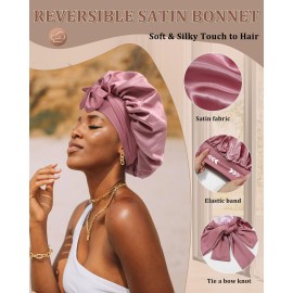 Reversible Satin Bonnet for Sleeping Women - Double Layer Hair Wrap with 2PCS Scrunchies & Elastic Tie Band - Night Cap for Natural Curly Hair (Bean Paste + Pink) Reversible Satin Bonnet for Sleeping Women - Double Layer Hair Wrap with 2PCS Scrunchies & Elastic Tie Band - Night Cap for Natural Curly Hair (Bean Paste + Pink)