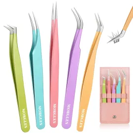 MORGLES 5pcs Eyelash Extension Tweezers High Precision, Straight and Curved Volume Lash Tweezers for Extensions, Crafting, Girls Women Beginners