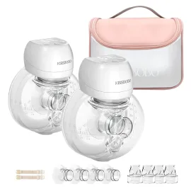 KISSBOBO ABP-1508 Hands Free Breast Pump Wearable with Storage Bag, Wearable Breastfeeding Pump Strong Suction, Low Noise, 3 Modes 9 Levels, with 21/24mm Insert/Flange, 2 Pack (White)