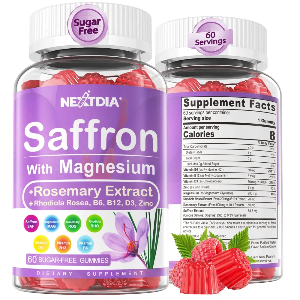 Saffron with Magnesium Glycinate Gummies, 2 Months Supply -Sugar Free Magnesium 400/200mg w/Saffron,Rhodiola,Rosemary, B6,B12,D3 for S-leep, Calm,Focus, Relaxation,Muscle,Nerve, Melatonin Free Gummies Saffron with Magnesium Glycinate Gummies, 2 Months Supply -Sugar Free Magnesium 400/200mg w/Saffron,Rhodiola,Rosemary, B6,B12,D3 for S-leep, Calm,Focus, Relaxation,Muscle,Nerve, Melatonin Free Gummies