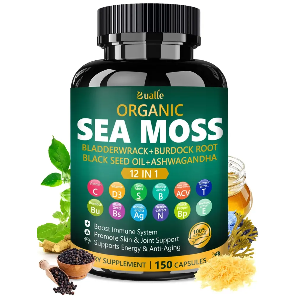 Bualle Organic Sea Moss Capsules with Sea Moss,Black Seed Oil,Ashwagandha,Bladderwrack,Ginger,Burdock Root for Immune System,Skin,Energy Support-150 Capsules (1 Pack) Bualle Organic Sea Moss Capsules with Sea Moss,Black Seed Oil,Ashwagandha,Bladderwrack,Ginger,Burdock Root for Immune System,Skin,Energy Support-150 Capsules (1 Pack)