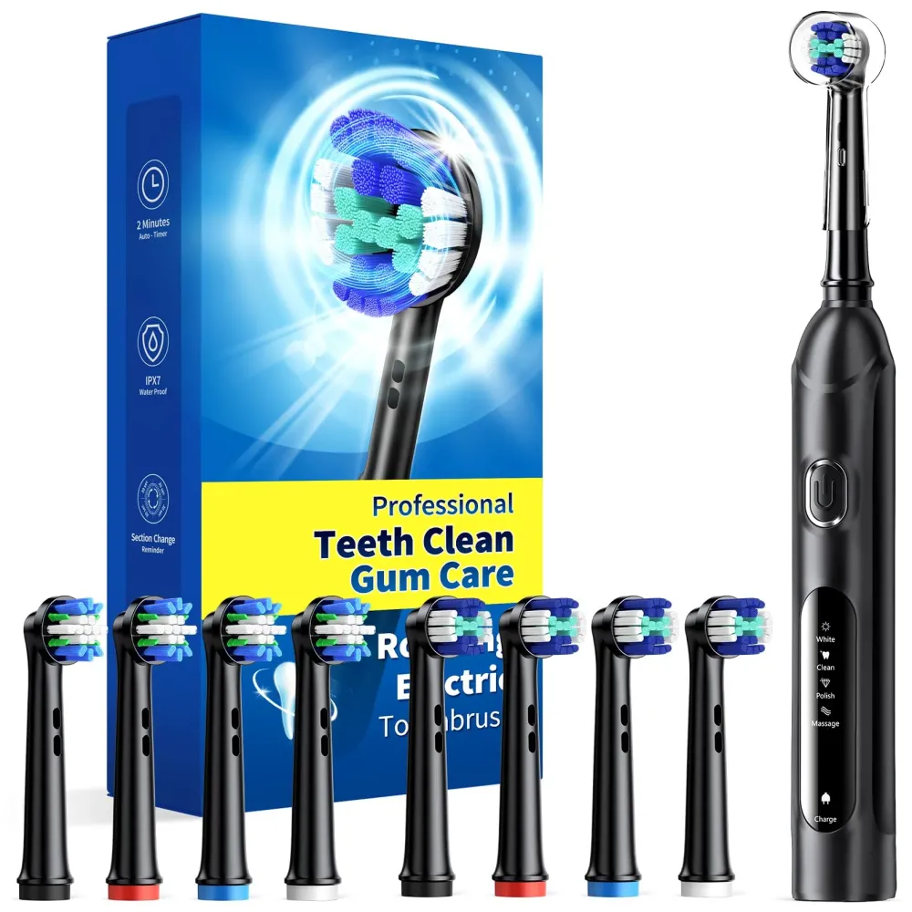 TEETHEORY Rotating Electric Toothbrush for Adults with 8 Brush Heads (2 Types), 4 Modes Deep Clean Electric Toothbrush with Rechargeable Power and 2 Min Smart Timer (1- Black, p1) TEETHEORY Rotating Electric Toothbrush for Adults with 8 Brush Heads (2 Types), 4 Modes Deep Clean Electric Toothbrush with Rechargeable Power and 2 Min Smart Timer (1- Black, p1)