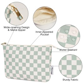 Narwey Small Makeup Bag for Purse Travel Makeup Pouch Cosmetic Bag Zipper Pouch Bags for Women (Mint Green Checkerboard)