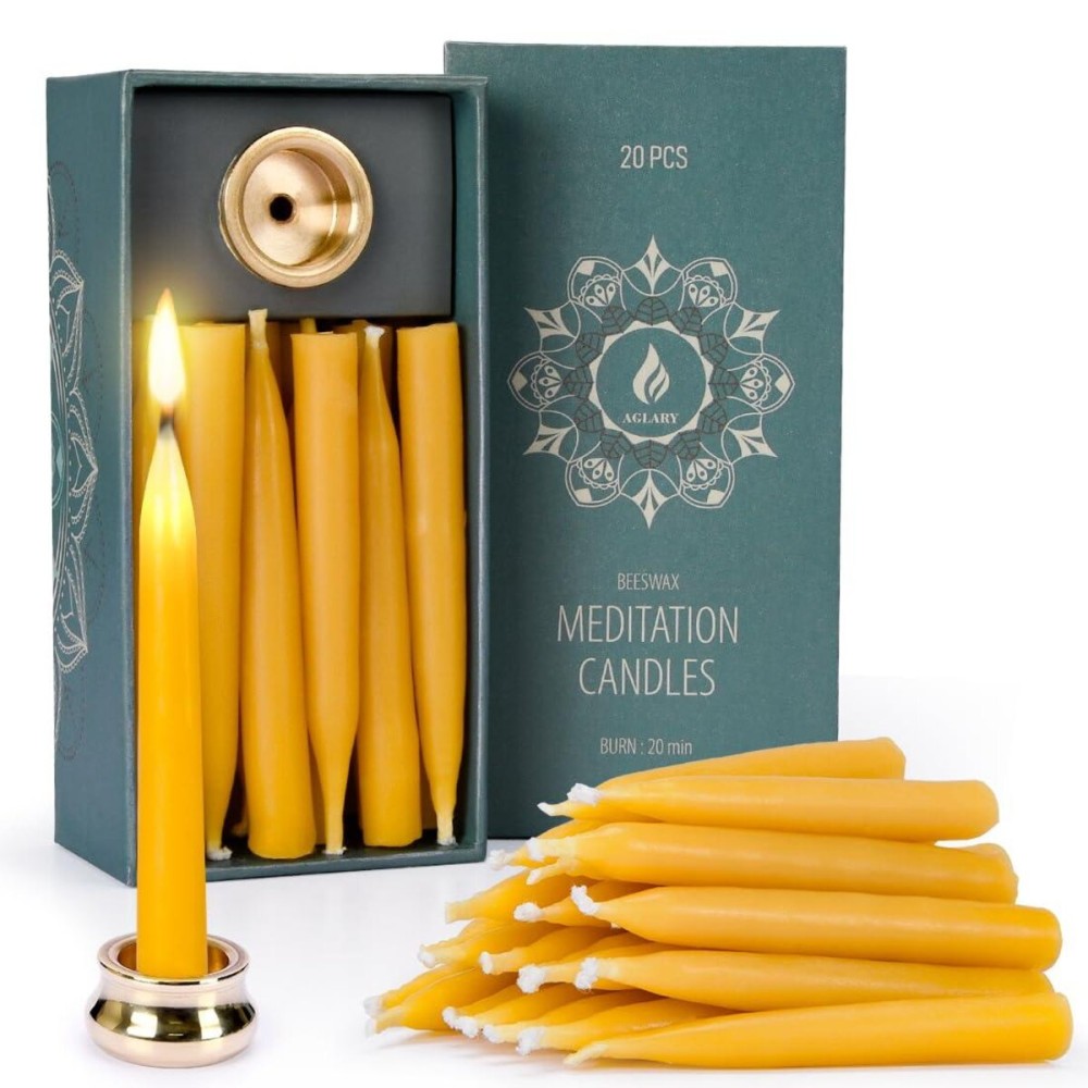 20 Minute Pure Beeswax Candles, Dripless Meditation Candles, Mini Taper Candles, Set of 20 with Brass Candle Holders. 20 Minute Pure Beeswax Candles, Dripless Meditation Candles, Mini Taper Candles, Set of 20 with Brass Candle Holders.
