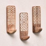 Indian Shelf Boho Decorative Wood Adhesive Wall Hooks for Coats - 3 Hooks 6 Strips, Waterproof, Rustproof Towel Holder, No-Drill Hangers for Bathroom & Kitchen - Cute Key Holder for Wall