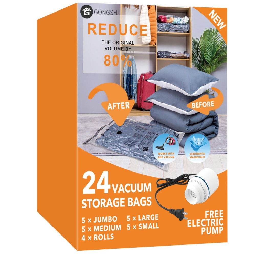 24 Pack Vacuum Storage Bags with Electric Pump, (5 Jumbo, 5 Large, 5 Medium, 5 Small, 4 Roll Up Bags) Space Saver Bag for Clothes, Mattress, Blanket, Duvets, Pillows, Comforters,Travel 24 Pack Vacuum Storage Bags with Electric Pump, (5 Jumbo, 5 Large, 5 Medium, 5 Small, 4 Roll Up Bags) Space Saver Bag for Clothes, Mattress, Blanket, Duvets, Pillows, Comforters,Travel