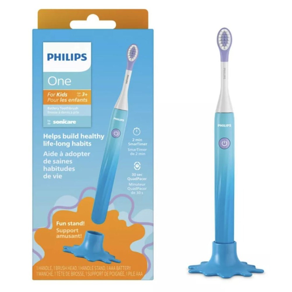 Philips One for Kids by Sonicare, Battery Toothbrush, for Kids Age 3+, with SmarTimer and QuadPacer for Thorough Clean, Lightweight and Colorful Handle, Quick Start Guide, Blue, Model HY1130/02 Philips One for Kids by Sonicare, Battery Toothbrush, for Kids Age 3+, with SmarTimer and QuadPacer for Thorough Clean, Lightweight and Colorful Handle, Quick Start Guide, Blue, Model HY1130/02