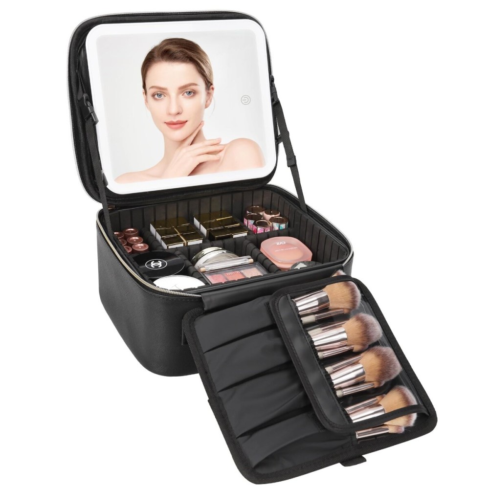 Relavel Travel Makeup Bag With LED Mirror, Cosmetic Train Case with Light up Mirror, Portable Makeup Artist Organizer Bag with Adjustable Dividers, Makeup Brush Holder Storage, Black Relavel Travel Makeup Bag With LED Mirror, Cosmetic Train Case with Light up Mirror, Portable Makeup Artist Organizer Bag with Adjustable Dividers, Makeup Brush Holder Storage, Black