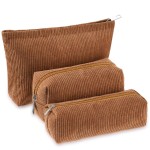 Huhumy 3 Pcs Makeup Bag Set for Women Corduroy Cosmetic Pouch Aesthetic Smile Travel Toiletry Bag Cute Purse Pouch Pencil Case Makeup Brushes Storage Organizer with Zipper(Brown,Solid Style)
