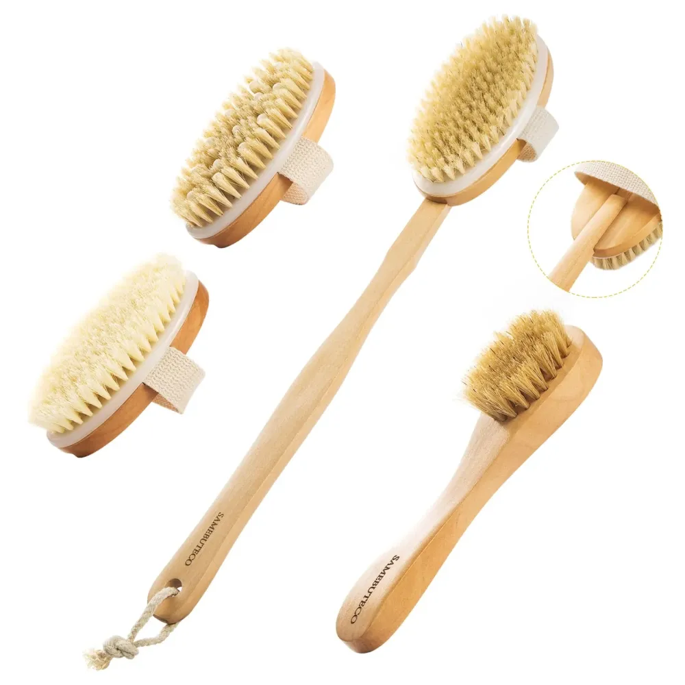 SAMEBUTECO Dry Brushing Body Brush Set Wood Long Handle with 3 Detachable Heads, Face Brush,Body Scrubber Boar Bristle Exfoliator for Lymphatic Drainage and Cellulite,Back Scrubber for Shower
