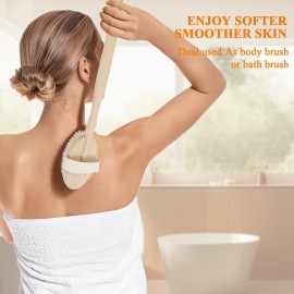 SAMEBUTECO Dry Brushing Body Brush Set Wood Long Handle with 3 Detachable Heads, Face Brush,Body Scrubber Boar Bristle Exfoliator for Lymphatic Drainage and Cellulite,Back Scrubber for Shower