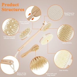 SAMEBUTECO Dry Brushing Body Brush Set Wood Long Handle with 3 Detachable Heads, Face Brush,Body Scrubber Boar Bristle Exfoliator for Lymphatic Drainage and Cellulite,Back Scrubber for Shower