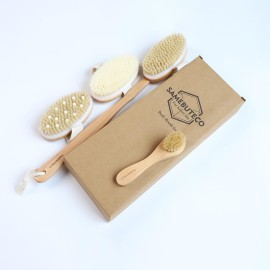 SAMEBUTECO Dry Brushing Body Brush Set Wood Long Handle with 3 Detachable Heads, Face Brush,Body Scrubber Boar Bristle Exfoliator for Lymphatic Drainage and Cellulite,Back Scrubber for Shower