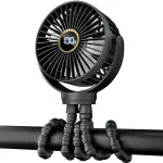 Portable Stroller Mini Fan, Small Rechargeable Personal Cooler w/ 360 Rotation, 3-Speed, Display, Battery Powered Stroller Accessories, Baby Essentials for Car Seat, Crib, Bike, Treadmill, Black