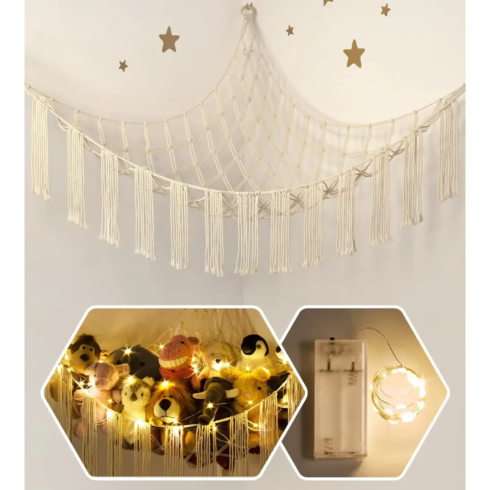 Stuffed Animal Hammock Corner with LED Light - Toy Storage Hammock Plushie Net Large - Cute Stuff Animals Holder Hanging Organizer - Baby Room Decor Kids Toddler Nursery Bedroom Boho