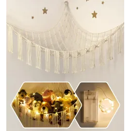 Stuffed Animal Hammock Corner with LED Light - Toy Storage Hammock Plushie Net Large - Cute Stuff Animals Holder Hanging Organizer - Baby Room Decor Kids Toddler Nursery Bedroom Boho