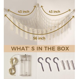 Stuffed Animal Hammock Corner with LED Light - Toy Storage Hammock Plushie Net Large - Cute Stuff Animals Holder Hanging Organizer - Baby Room Decor Kids Toddler Nursery Bedroom Boho