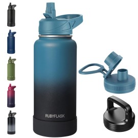 RUBYFLASK 32oz Insulated Water Bottle with Straw, Stainless Steel Metal Vacuum Water Flask, Large Thermos Water bottle with Leakproof 3 Lids for Travel, Camping, Gym Sports Indigo Black