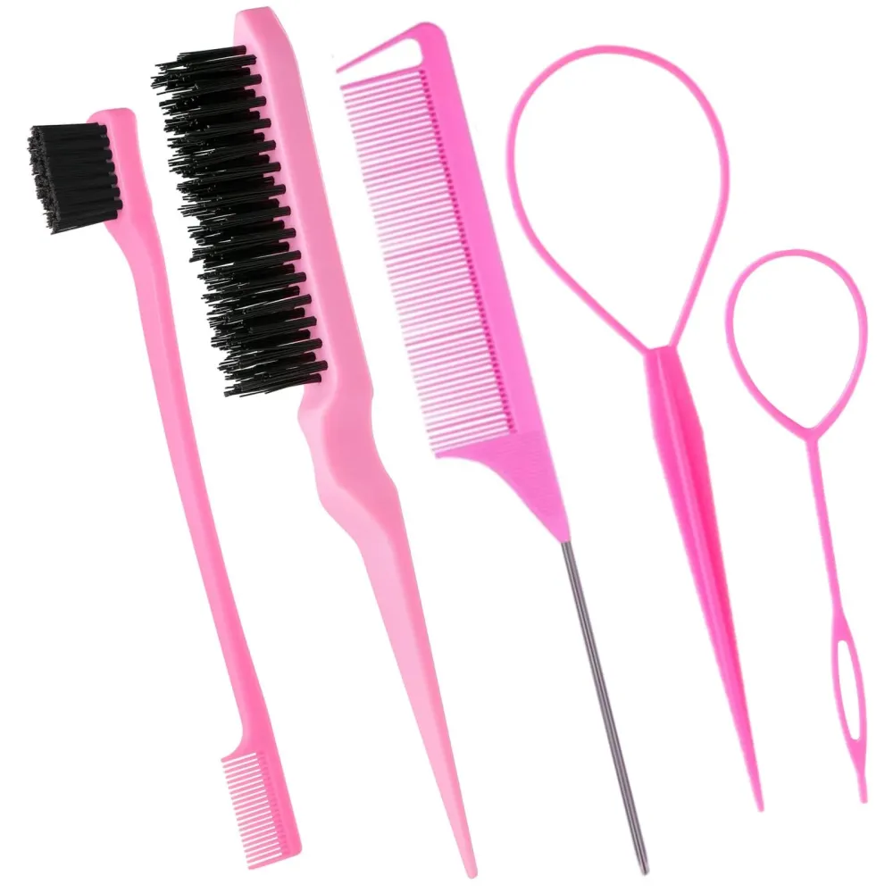 5Pcs Slick Back Brush Set with Topsy Tail Tool, Teasing Bristle, Rat Comb for Women & Girls Hair Styling, Flyaways Control and Edge Combing - Pink 5Pcs Slick Back Brush Set with Topsy Tail Tool, Teasing Bristle, Rat Comb for Women & Girls Hair Styling, Flyaways Control and Edge Combing - Pink
