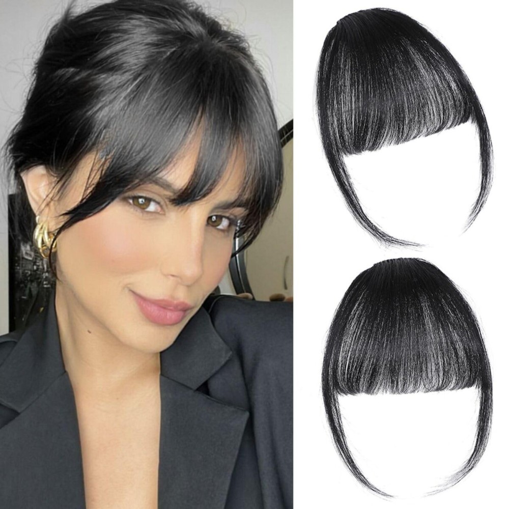 ELEFOCUS Clip-on Natural Black Human Hair Extensions - Wispy Bangs with Temples for Daily Wear ELEFOCUS Clip-on Natural Black Human Hair Extensions - Wispy Bangs with Temples for Daily Wear